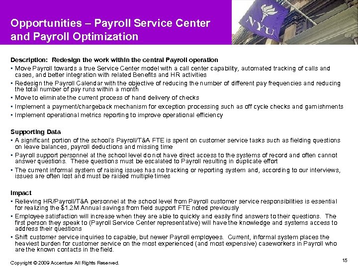 Opportunities – Payroll Service Center and Payroll Optimization Description: Redesign the work within the