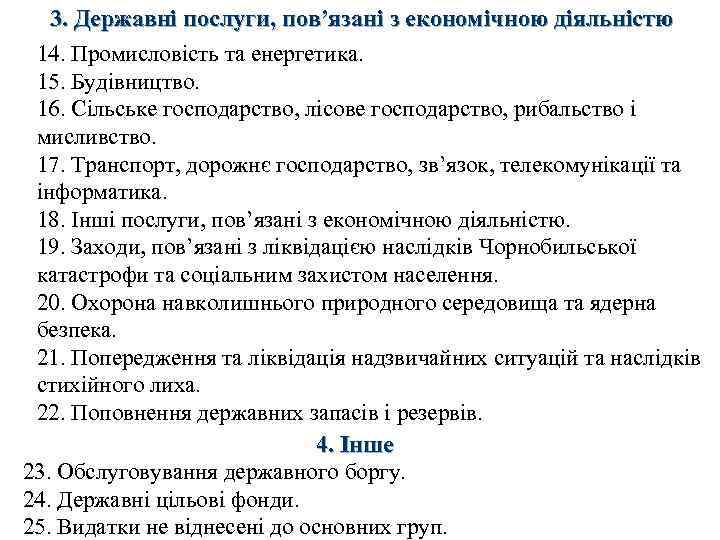 3. Державні послуги, пов’язані з економічною діяльністю 14. Промисловість та енергетика. 15. Будівництво. 16.