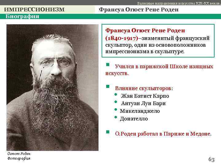 Базисные направления искусства XIX-XX веков. ИМПРЕССИОНИЗМ Биография Франсуа Огюст Рене Роден с Франсуа Огюст