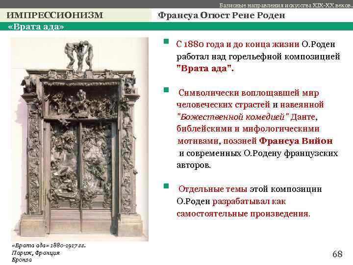 Базисные направления искусства XIX-XX веков. ИМПРЕССИОНИЗМ «Врата ада» Франсуа Огюст Рене Роден § С