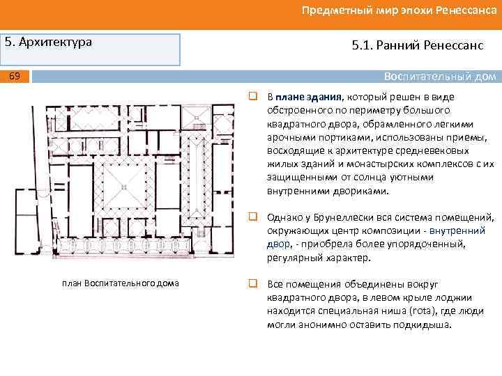 Предметный мир эпохи Ренессанса 5. Архитектура 5. 1. Ранний Ренессанс Воспитательный дом 69 q