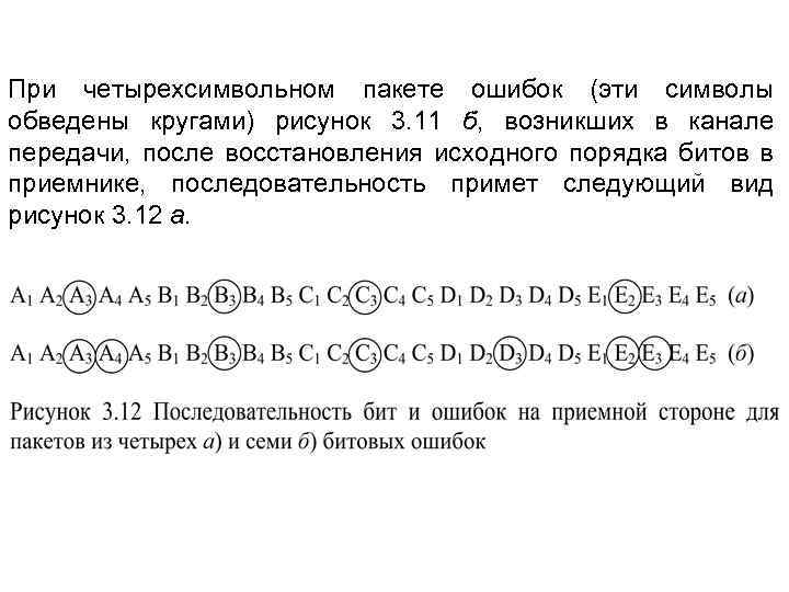 При четырехсимвольном пакете ошибок (эти символы обведены кругами) рисунок 3. 11 б, возникших в