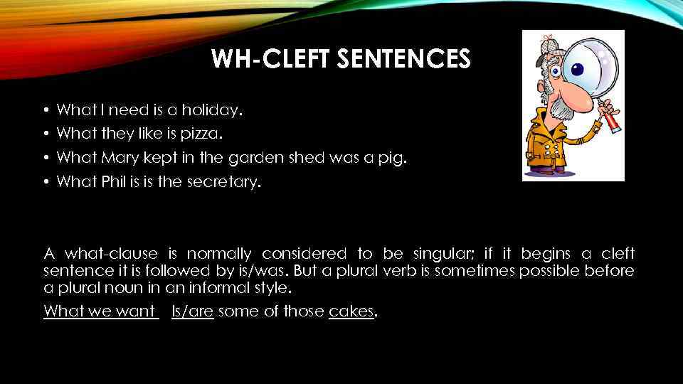 WH-CLEFT SENTENCES • What I need is a holiday. • What they like is