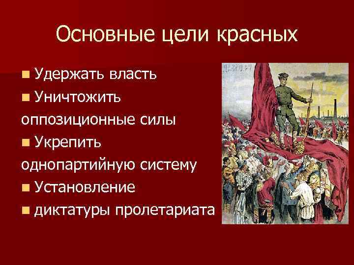 Основные цели красных n Удержать власть n Уничтожить оппозиционные силы n Укрепить однопартийную систему