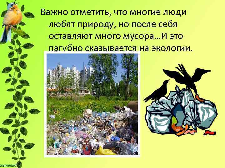 Важно отметить, что многие люди любят природу, но после себя оставляют много мусора…И это