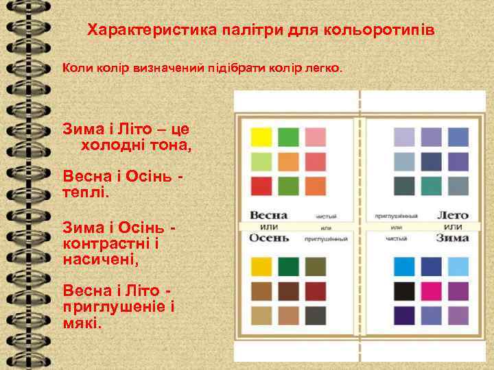 Характеристика палітри для кольоротипів Коли колір визначений підібрати колір легко. Зима і Літо –