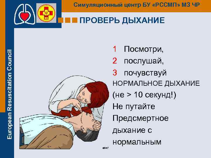 Симуляционный центр БУ «РССМП» МЗ ЧР European Resuscitation Council ПРОВЕРЬ ДЫХАНИЕ 1 Посмотри, 2