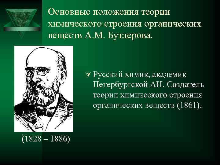 Основные положения теории химического строения органических веществ А. М. Бутлерова. Ú Русский химик, академик