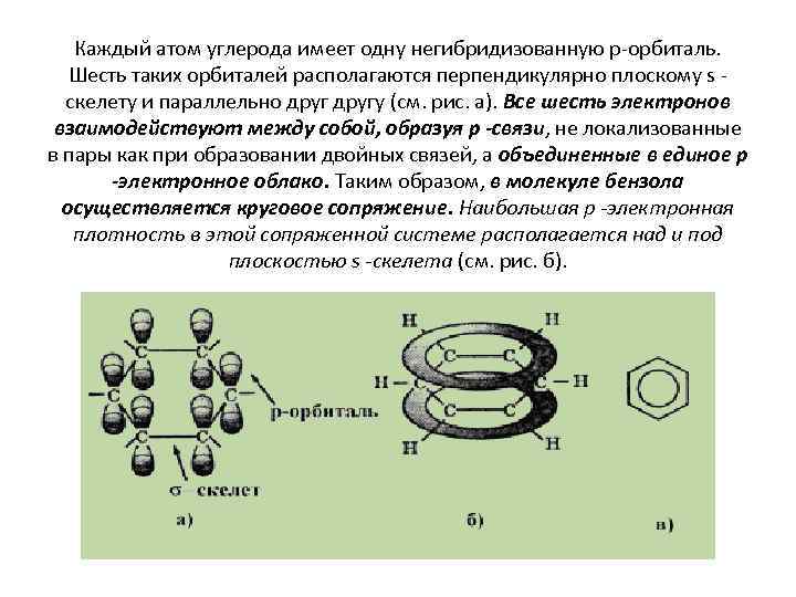Каждый атом углерода имеет одну негибридизованную р-орбиталь. Шесть таких орбиталей располагаются перпендикулярно плоскому s