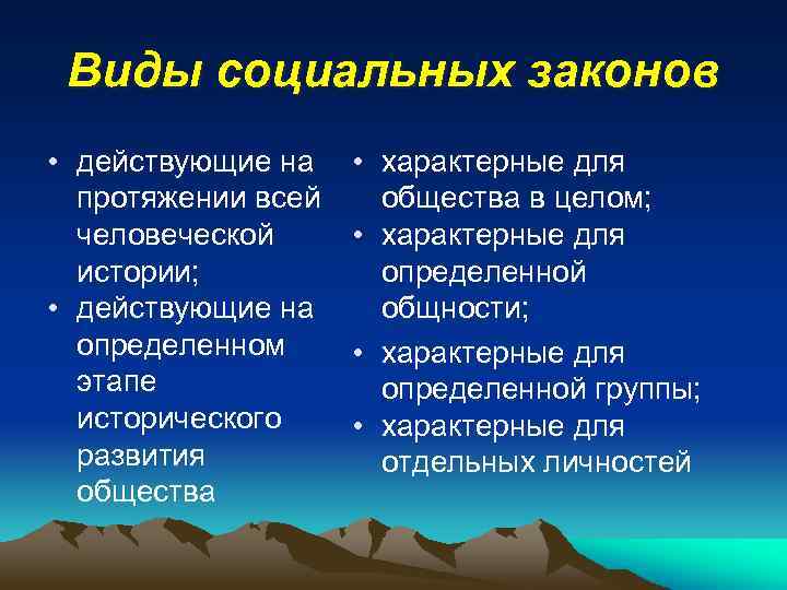Виды социальных законов • действующие на протяжении всей человеческой истории; • действующие на определенном