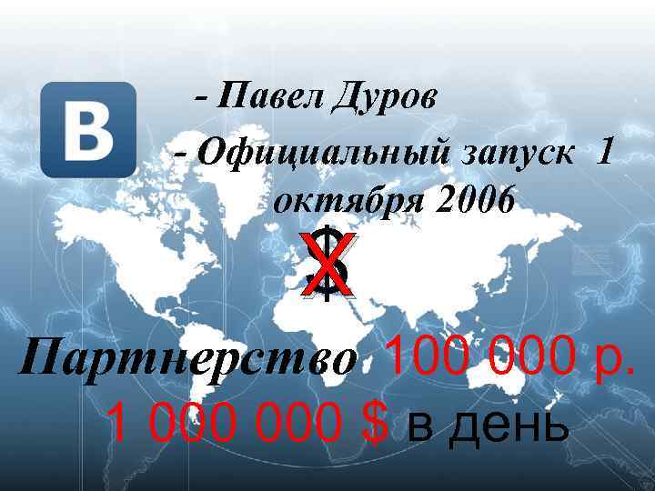 - Павел Дуров - Официальный запуск 1 октября 2006 $ X X Партнерство 100