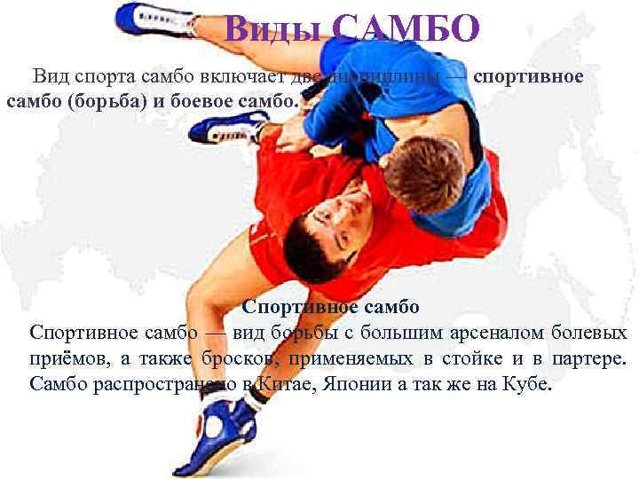 Виды САМБО Вид спорта самбо включает две дисциплины — спортивное самбо (борьба) и боевое