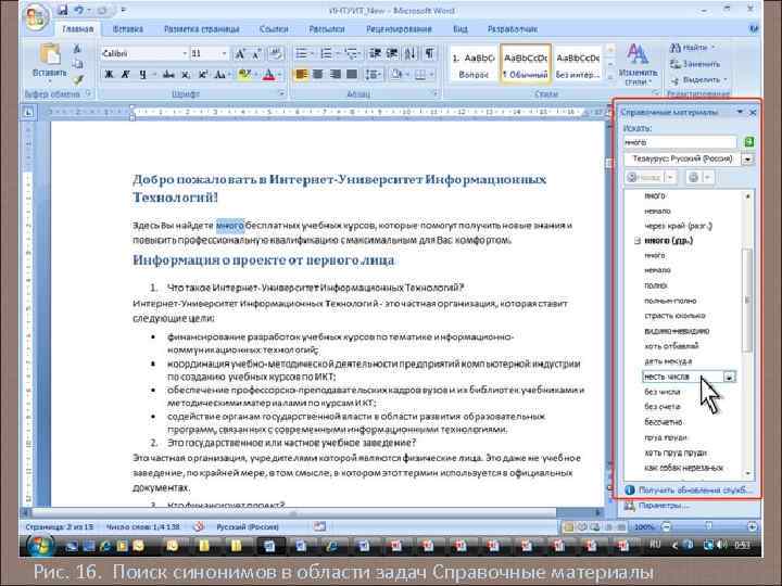 Рис. 16. Поиск синонимов в области задач Справочные материалы 