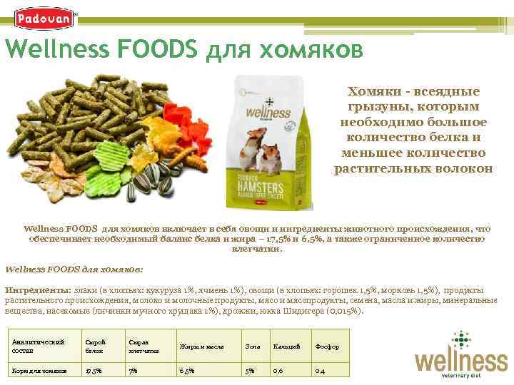 Wellness FOODS для хомяков Хомяки - всеядные грызуны, которым необходимо большое количество белка и