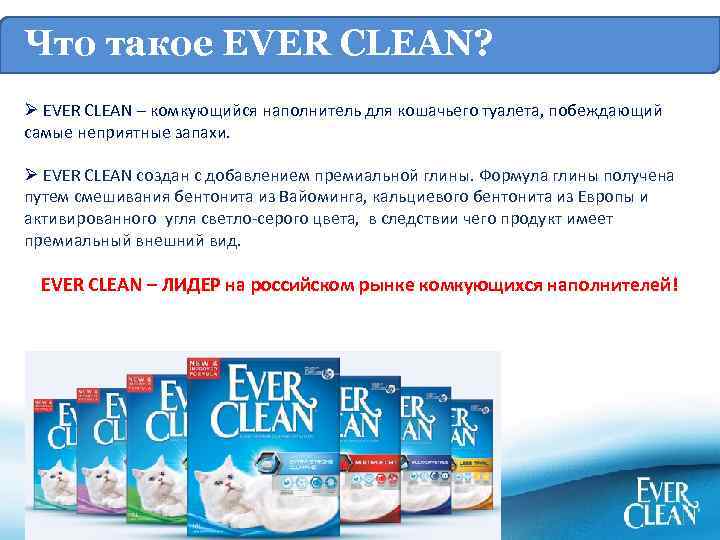 Что такое EVER CLEAN? Ø EVER CLEAN – комкующийся наполнитель для кошачьего туалета, побеждающий