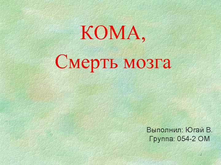 КОМА, Смерть мозга Выполнил: Югай В. Группа: 054 -2 ОМ 1 