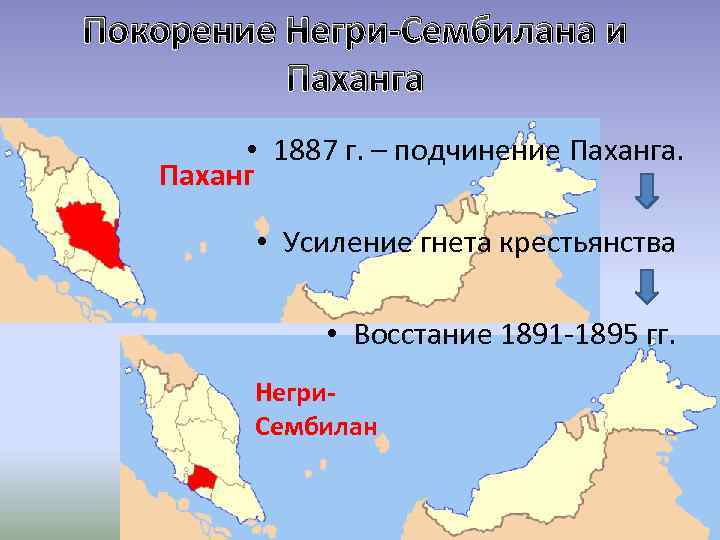 Покорение Негри-Сембилана и Паханга • 1887 г. – подчинение Паханга. Паханг • Усиление гнета