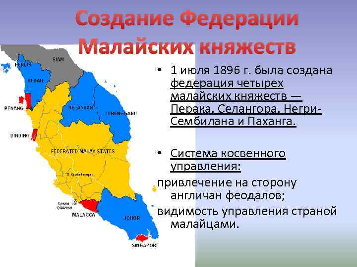 Создание Федерации Малайских княжеств • 1 июля 1896 г. была создана федерация четырех малайских