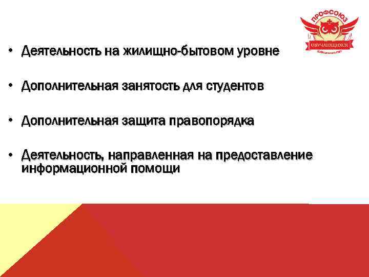  • Деятельность на жилищно-бытовом уровне • Дополнительная занятость для студентов • Дополнительная защита