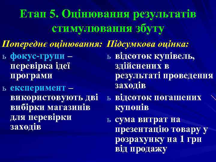 Етап 5. Оцінювання результатів стимулювання збуту Попереднє оцінювання: ь фокус-групи – перевірка ідеї програми