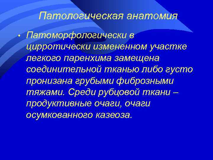 Патологическая анатомия • Патоморфологически в цирротически измененном участке легкого паренхима замещена соединительной тканью либо