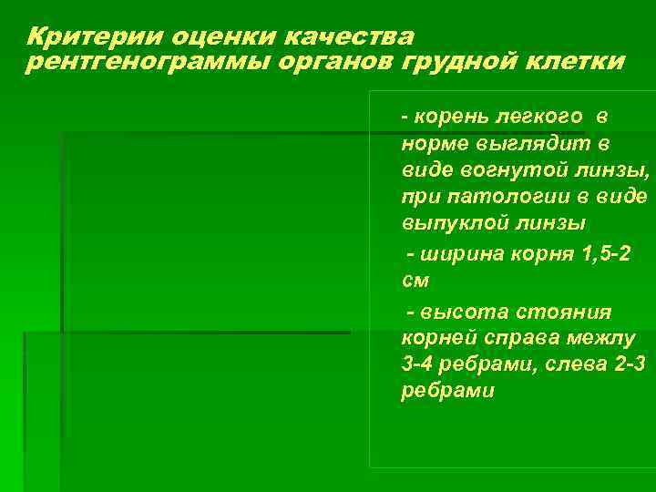 Критерии оценки качества рентгенограммы органов грудной клетки - корень легкого в норме выглядит в