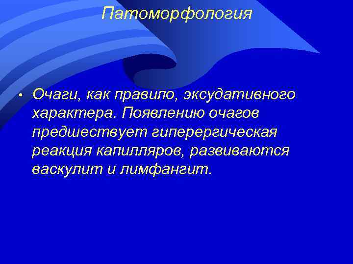 Патоморфология • Очаги, как правило, эксудативного характера. Появлению очагов предшествует гиперергическая реакция капилляров, развиваются