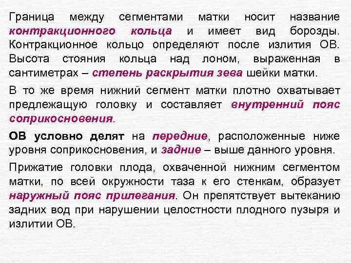 Граница между сегментами матки носит название контракционного кольца и имеет вид борозды. Контракционное кольцо