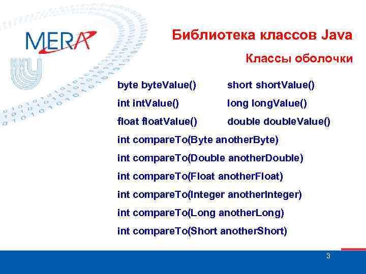 Библиотека классов Java Классы оболочки byte. Value() short. Value() int. Value() long. Value() float.