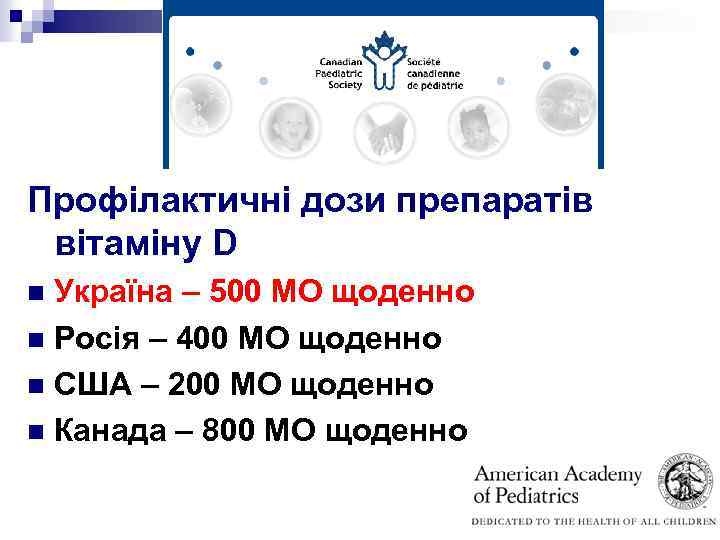 Профілактичні дози препаратів вітаміну D Україна – 500 МО щоденно n Росiя – 400