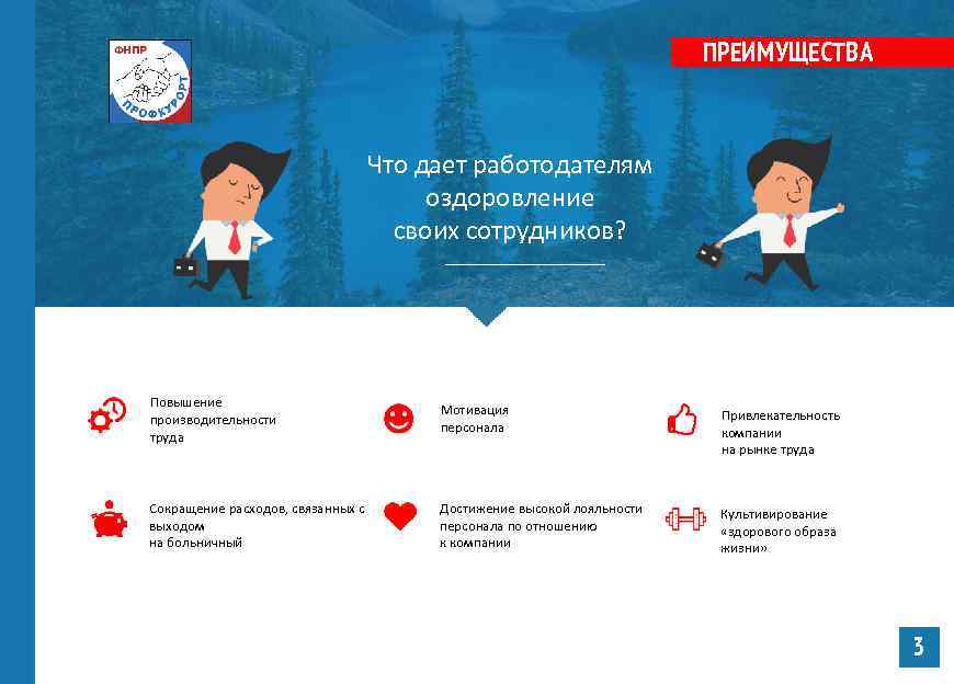 ПРЕИМУЩЕСТВА Что дает работодателям оздоровление своих сотрудников? Повышение производительности труда Мотивация персонала Привлекательность компании