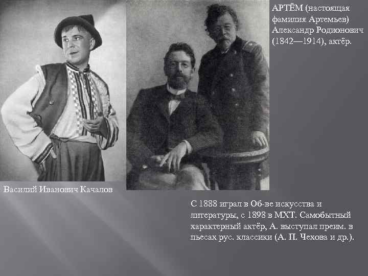 АРТЁМ (настоящая фамилия Артемьев) Александр Родионович (1842— 1914), актёр. Василий Иванович Качалов С 1888