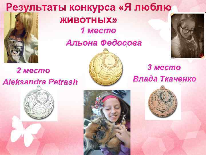 Результаты конкурса «Я люблю животных» 1 место Альона Федосова 2 место Aleksandra Petrash 3