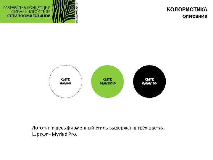 КОЛОРИСТИКА описание Логотип и весь фирменный стиль выдержан в трёх цветах. Шрифт - Myriad