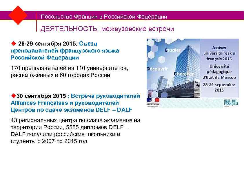 Посольство Франции в Российской Федерации Campus. France ДЕЯТЕЛЬНОСТЬ: межвузовские встречи u 28 -29 сентября