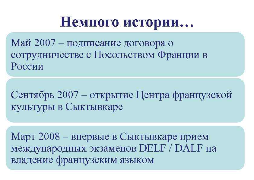 Немного истории… Май 2007 – подписание договора о сотрудничестве с Посольством Франции в России