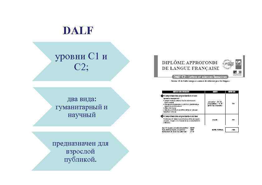 DALF уровни С 1 и С 2; два вида: гуманитарный и научный предназначен для