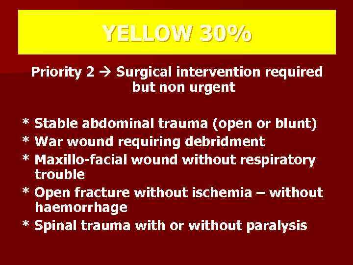 YELLOW 30% Priority 2 Surgical intervention required but non urgent * Stable abdominal trauma