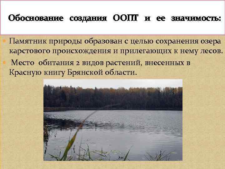  Обоснование создания ООПТ и ее значимость: Памятник природы образован с целью сохранения озера