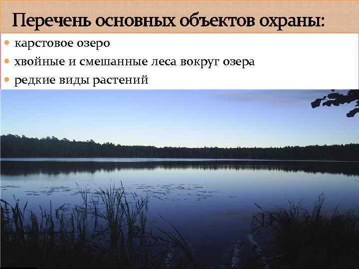  Перечень основных объектов охраны: карстовое озеро хвойные и смешанные леса вокруг озера редкие