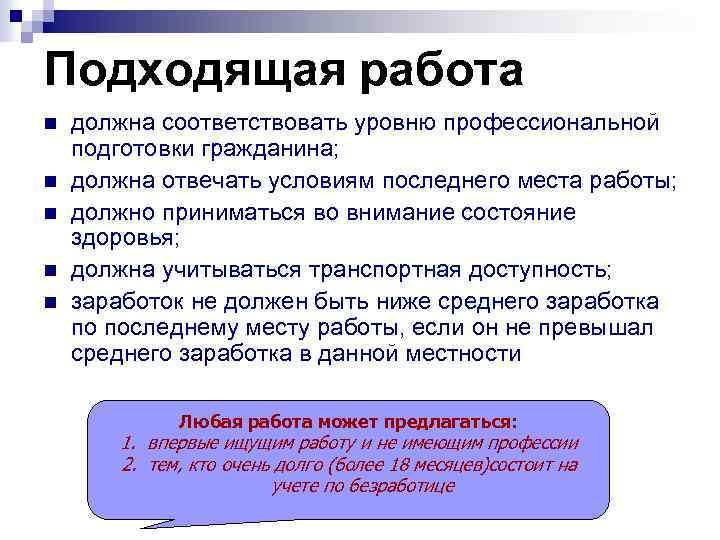 Подходящая работа n n n должна соответствовать уровню профессиональной подготовки гражданина; должна отвечать условиям