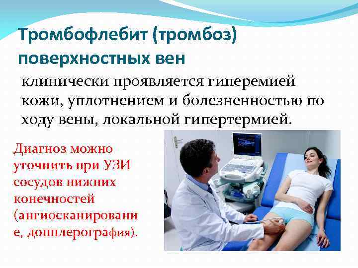 Тромбофлебит (тромбоз) поверхностных вен клинически проявляется гиперемией кожи, уплотнением и болезненностью по ходу вены,