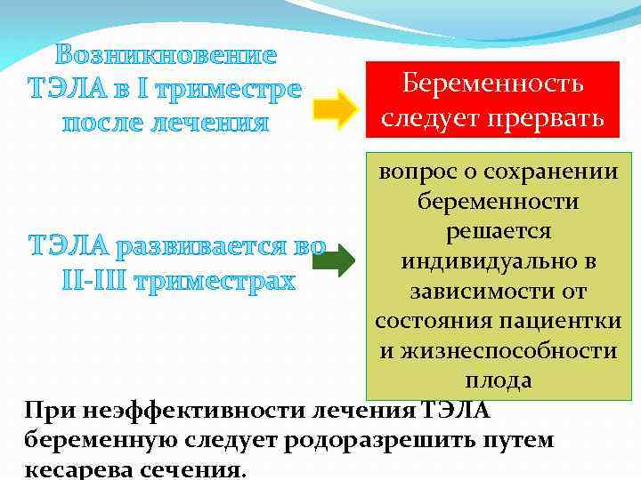 Возникновение ТЭЛА в I триместре после лечения Беременность следует прервать вопрос о сохранении беременности