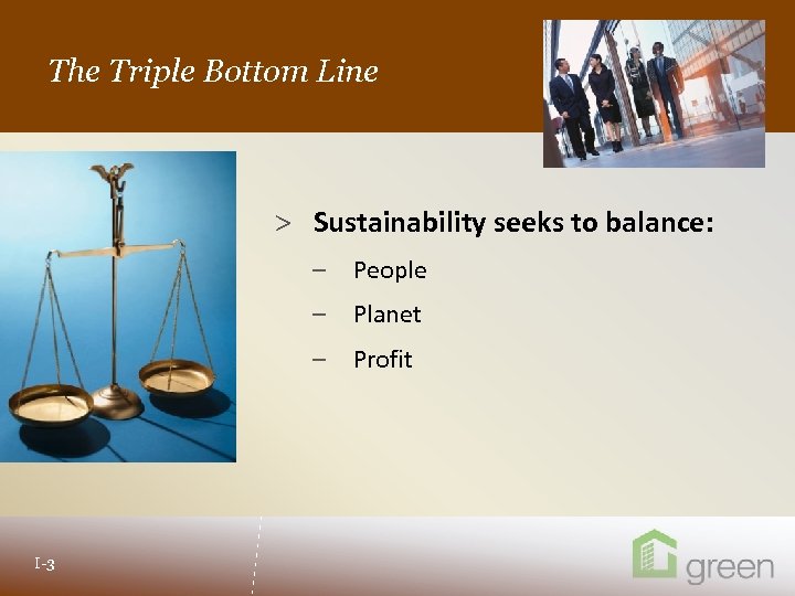 The Triple Bottom Line Slide header copy > Sustainability seeks to balance: – People