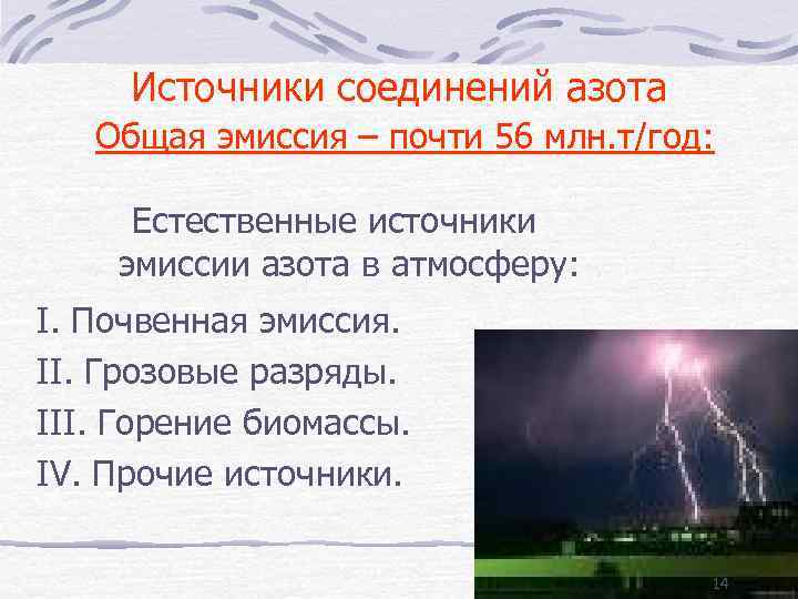 Источники соединений азота Общая эмиссия – почти 56 млн. т/год: Естественные источники эмиссии азота