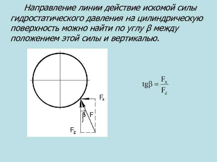 Направление линии действие искомой силы гидростатического давления на цилиндрическую поверхность можно найти по углу
