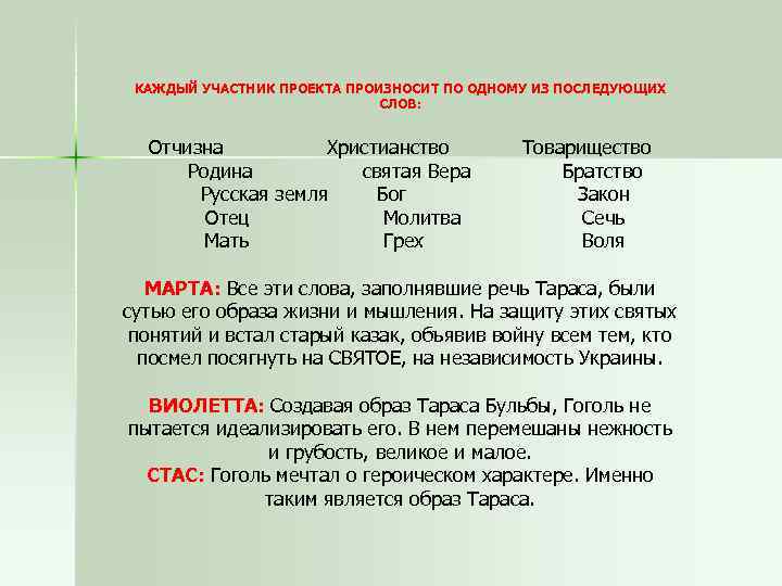КАЖДЫЙ УЧАСТНИК ПРОЕКТА ПРОИЗНОСИТ ПО ОДНОМУ ИЗ ПОСЛЕДУЮЩИХ СЛОВ: Отчизна Христианство Родина святая Вера