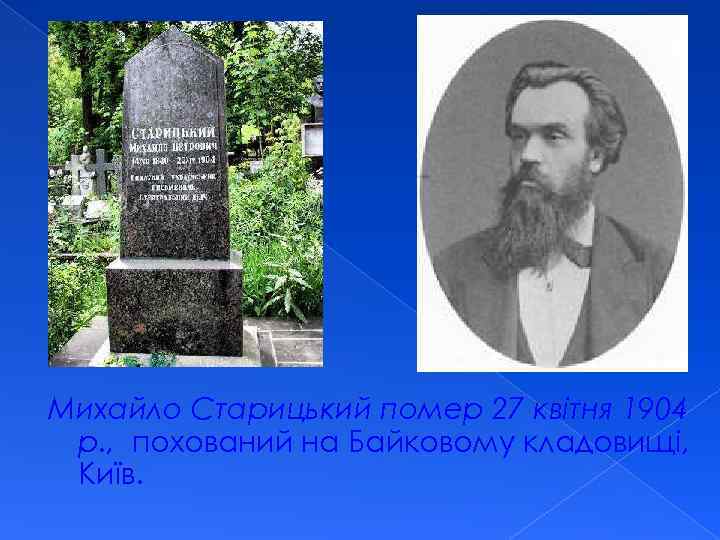 Михайло Старицький помер 27 квітня 1904 р. , похований на Байковому кладовищі, Київ. 