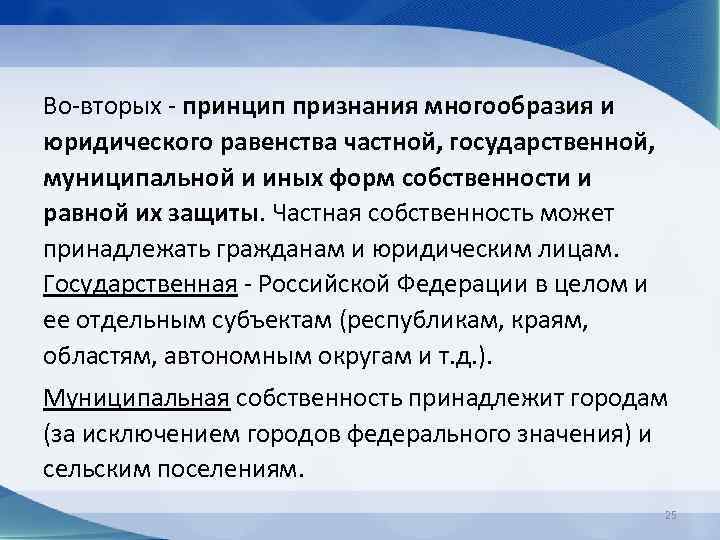 Что признается частной собственностью. Принцип признания частной собственности. Пример принцип признания многообразия форм собственности. Принцип юридического равенства. Принцип многообразия и равенства форм собственности.