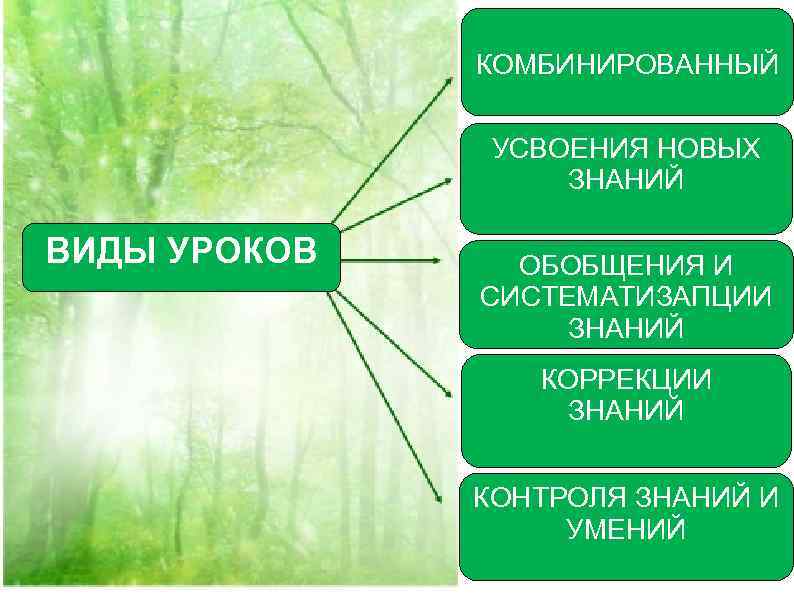 КОМБИНИРОВАННЫЙ ВИДЫ УРОКОВ УСВОЕНИЯ НОВЫХ ЗНАНИЙ ОБОБЩЕНИЯ И СИСТЕМАТИЗАПЦИИ ЗНАНИЙ КОРРЕКЦИИ ЗНАНИЙ КОНТРОЛЯ ЗНАНИЙ